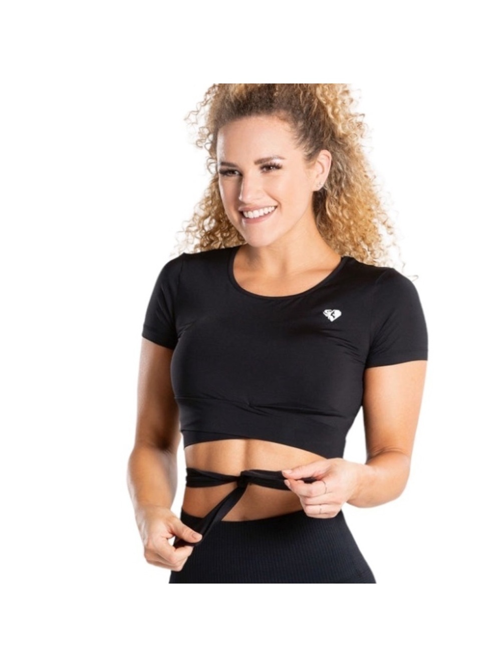 Women's Black Short-Sleeve Crop Top Tie-Waist